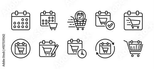 Order date thin line icon set. Fast delivery, shipment or shipping schedule. Containing calendar, shopping cart, time, repeat arrow, checkmark. Vector illustration