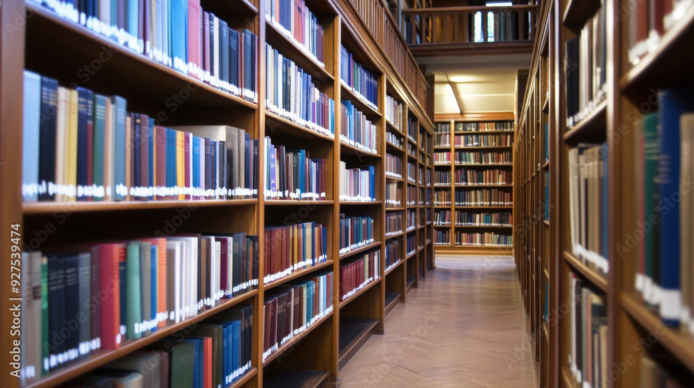 Library Aisle Filled with Colorful Books on Wooden Shelve Library Aisle Filled with Colorful Books on Wooden Shelve
