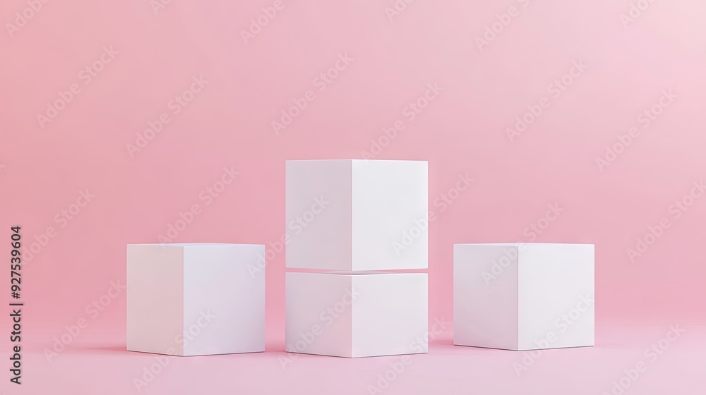 Three white blank cube podiums set against a soft pink pastel background. Ideal for showcasing products in a minimalistic, 3D rendering style. Three white blank cube podiums set against a soft pink pastel background. Ideal for showcasing products in a minimalistic, 3D rendering style.