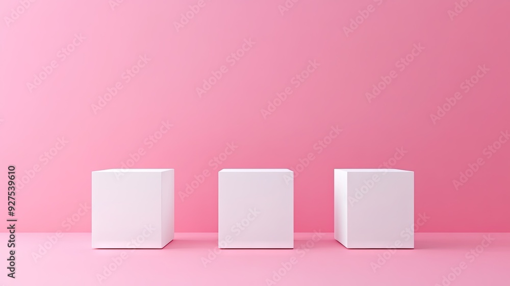 Three white cubes on a gentle pink pastel background. Minimalist design ideal for product showcases and 3D rendering technical presentations. Three white cubes on a gentle pink pastel background. Minimalist design ideal for product showcases and 3D rendering technical presentations.
