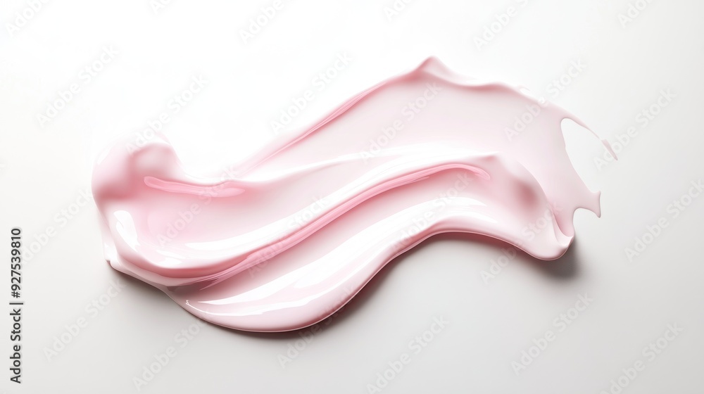 An elegant smear of pink creamy substance with smooth, curved edges and a glossy texture, possibly cosmetic cream or paint, on a white background. An elegant smear of pink creamy substance with smooth, curved edges and a glossy texture, possibly cosmetic cream or paint, on a white background.