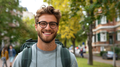 A happy young man with glasses and a backpack smiles in a green outdoor urban area, enjoying a sunny day.