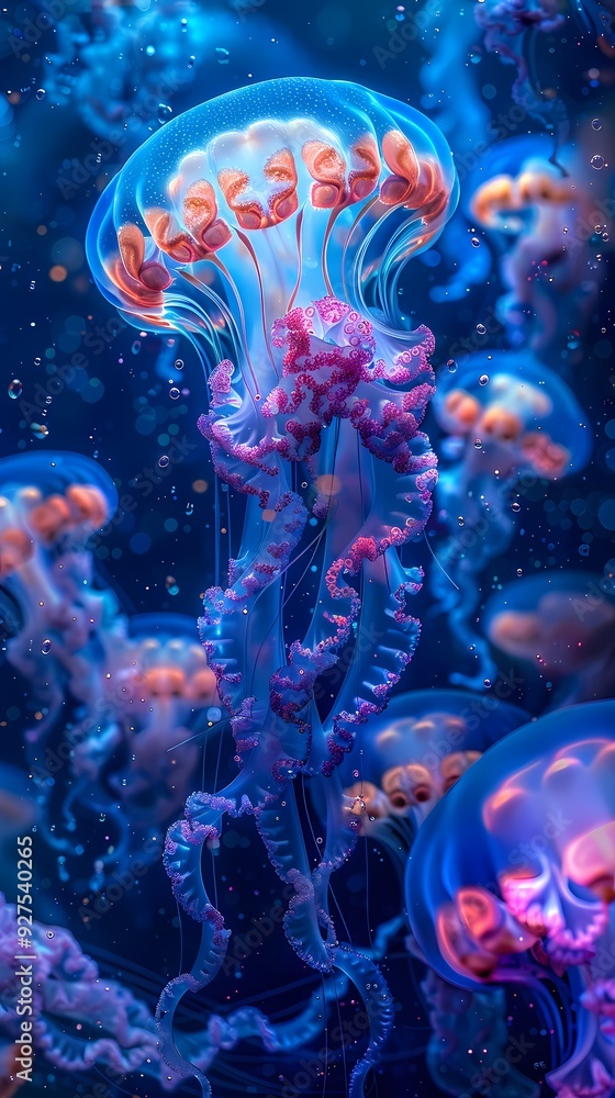 Digital underwater world blue jellyfish poster background Digital underwater world blue jellyfish poster background