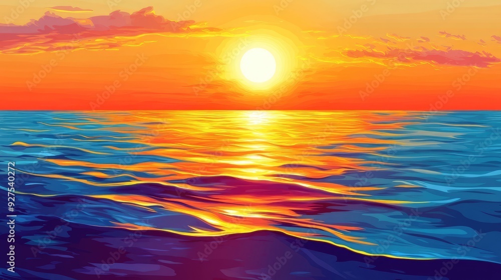 Obraz premium Vector art of a tranquil sunset with bright warm colors reflecting on the gentle waves of the sea. Perfect for depicting the serene and picturesque beauty of an evening or morning seascape.