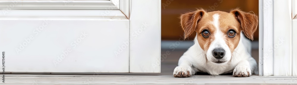 Adorable dog laying on the floor, peeking through the doorway with curious eyes. Perfect shot for pet lovers and home lifestyle themes. Adorable dog laying on the floor, peeking through the doorway with curious eyes. Perfect shot for pet lovers and home lifestyle themes.