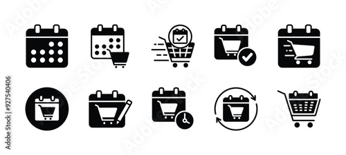 Order date flat icon set. Fast delivery, shipment or shipping schedule. Containing calendar, shopping cart, time, repeat arrow, checkmark. Vector illustration