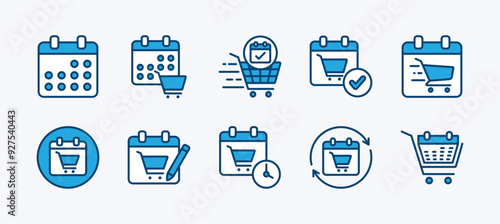 Set of order date icon. Fast delivery, shipment or shipping schedule. Containing calendar, shopping cart, time, repeat arrow, checkmark. Vector illustration