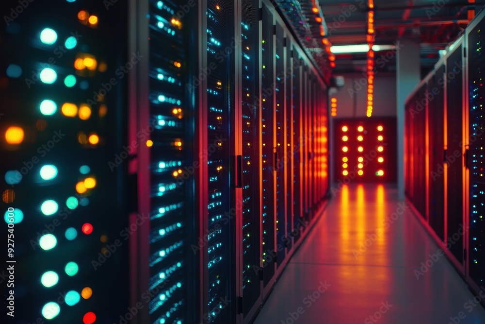 Network of Data Servers with Blinking Lights in a Data Center Representing Seamless Data Processing Network of Data Servers with Blinking Lights in a Data Center Representing Seamless Data Processing