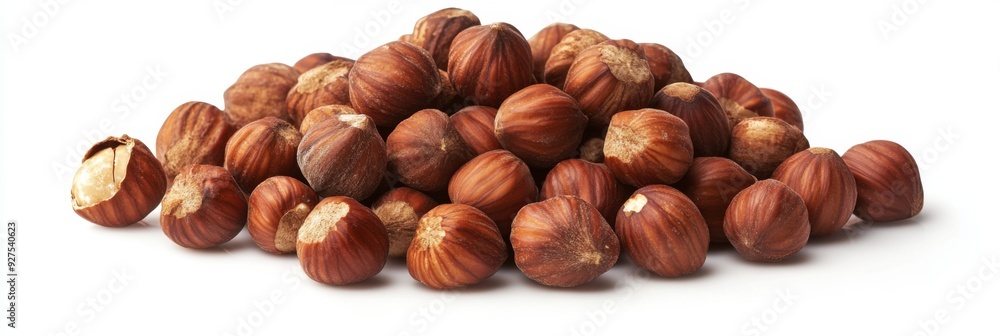 Hazelnuts isolated on a white background. Pile of Hazelnuts nuts closeup