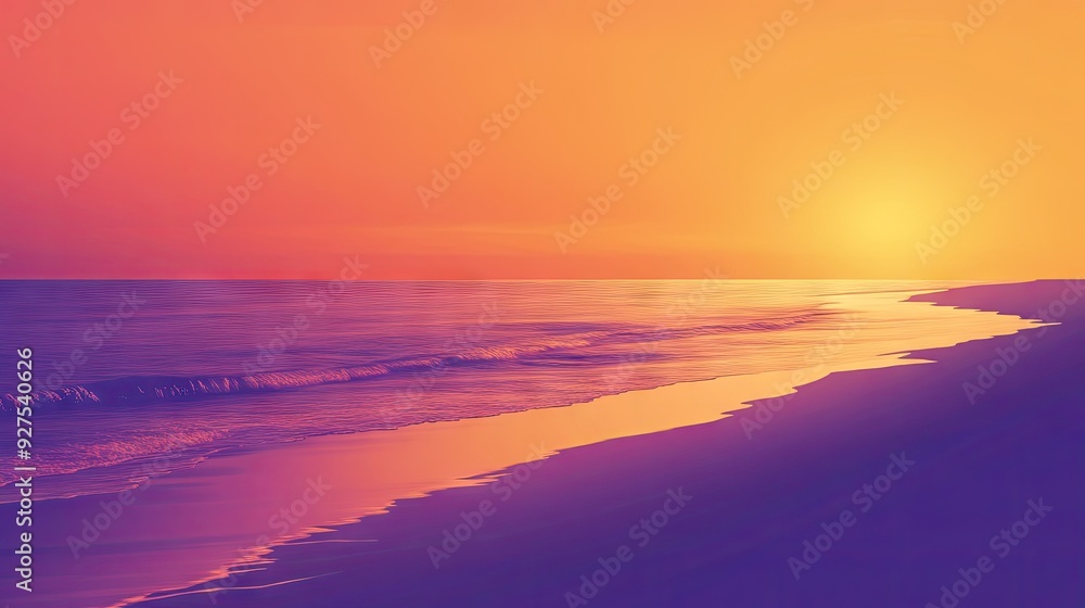 Vector illustration of a gradient sunset over the beach, with a warm color palette transitioning from gold to purple. A stunning background showcasing the beauty of a coastal sunset.