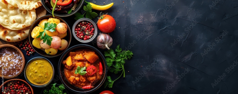 Delicious assorted Indian dishes on a dark background with spices and herbs. Free copy space for text. Delicious assorted Indian dishes on a dark background with spices and herbs. Free copy space for text.