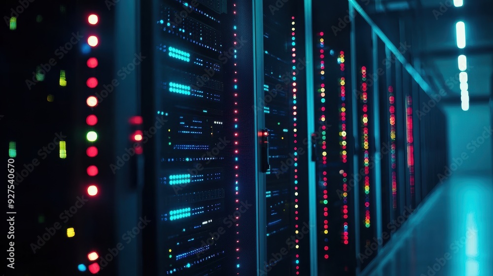 Futuristic Technology Concept: Close-up of Server Racks with Blinking Lights Showing Data Traffic in Data Center Futuristic Technology Concept: Close-up of Server Racks with Blinking Lights Showing Data Traffic in Data Center