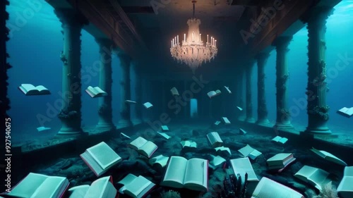 An underwater library with books floating in the water.