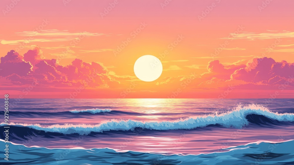 Fototapeta premium Vector illustration of a stunning summer sunrise or sunset with calm ocean waves and bright warm tones. Captures the peaceful and artistic essence of a coastal seascape.