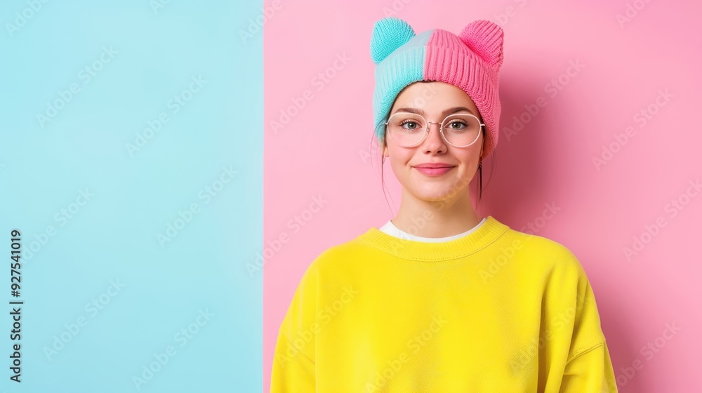 Smiling woman with glasses in a colorful hat and yellow sweater on a pastel pink and blue background. Happy fashion and style concept. Smiling woman with glasses in a colorful hat and yellow sweater on a pastel pink and blue background. Happy fashion and style concept.