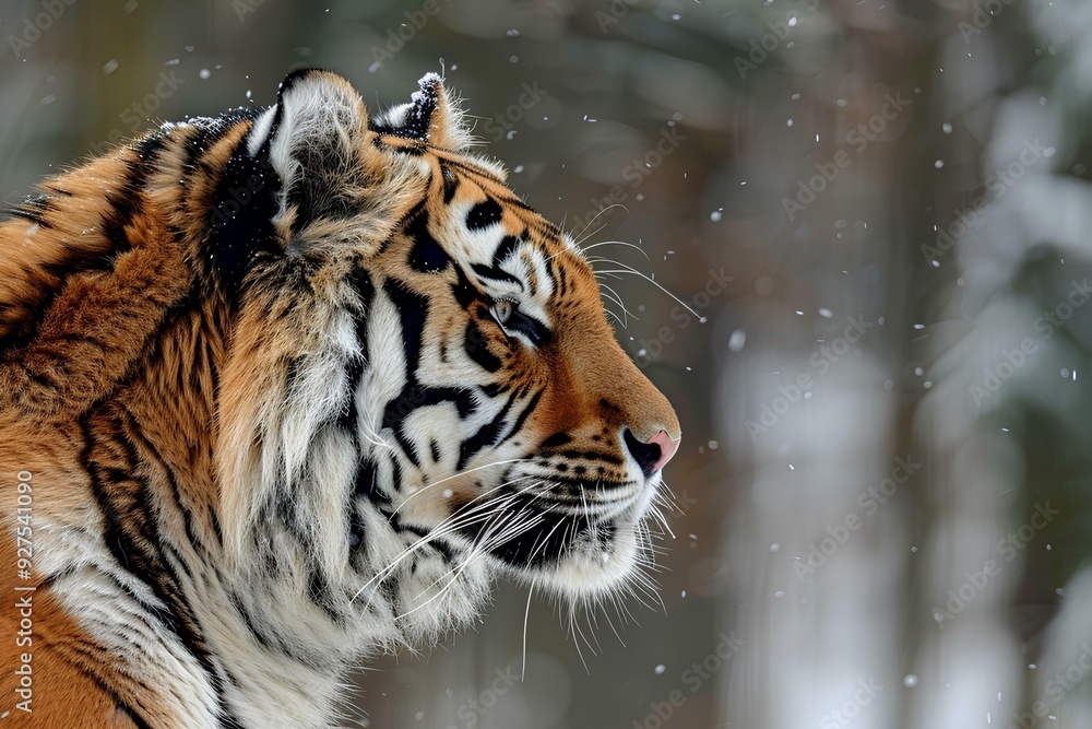 Obraz premium Beautiful side profile of an Amur tiger in a winter forest background