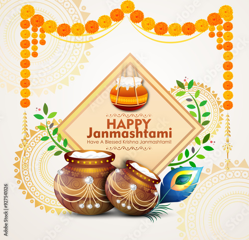 Celebrating happy Janmashtami festival of India with llustration of Lord Krishna playing bansuri (flute) and dahi handi competition with text in Hindi meaning 'Krishan Janmashtami'- vector background