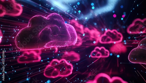 Vibrant digital clouds with neon effects showcasing technology and creativity in a futuristic atmosphere.