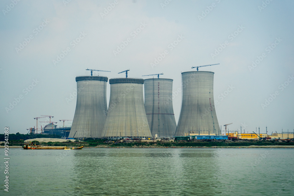 Cooling towers of Ruppur Nuclear power Plant, Bangladesh. View from the river.
