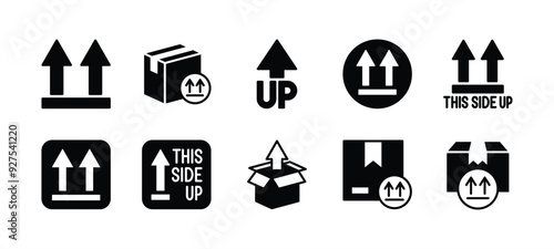 This side up flat icon vector set. This side up or way up label on package, parcel, packet. Containing up arrow stamp or sticker, cardboard box instruction or warning sign and symbol for delivery