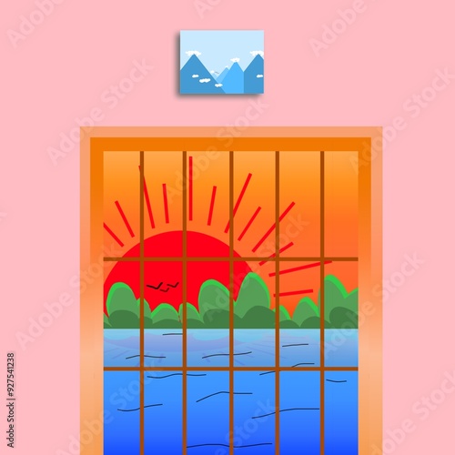 A morning window with river,plants,sky and sun!