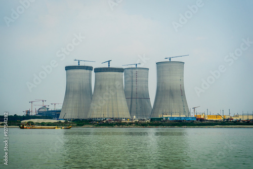 Obraz na płótnie Cooling towers of Ruppur Nuclear power Plant, Bangladesh. View from the river. w salonie