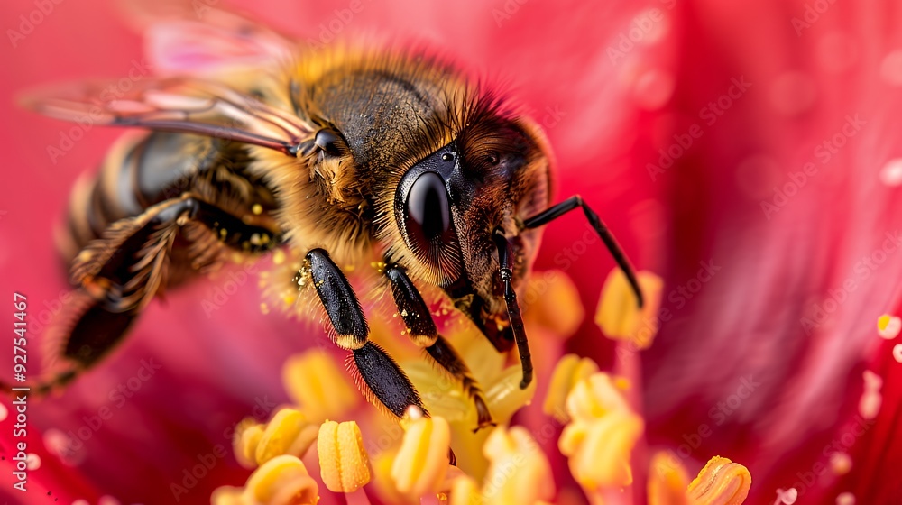 Close-up of a bee collecting pollen from a flower. Close-up of a bee collecting pollen from a flower.
