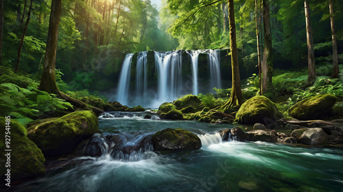 background view of a waterfall in the middle of a beautiful forest
