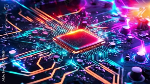 Close-up of a glowing circuit board with a central processor chip.