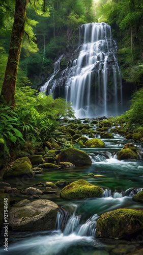 background view of a waterfall in the middle of a beautiful forest