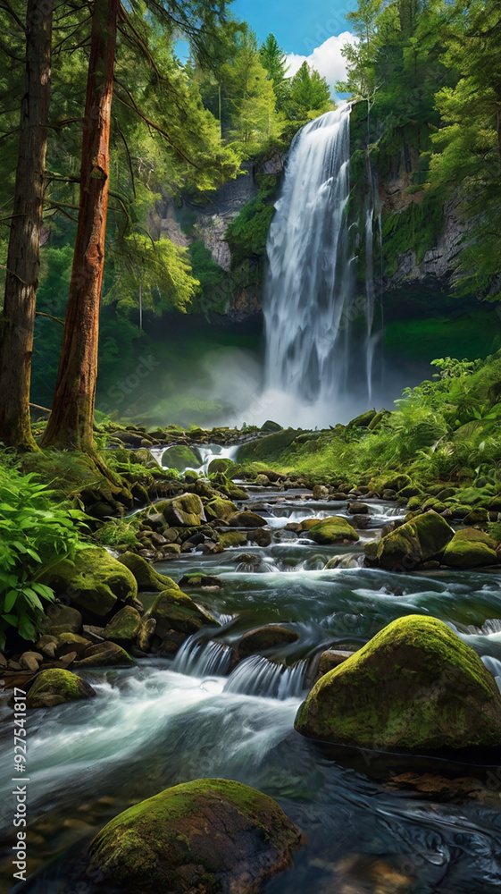 Fototapeta premium background view of a waterfall in the middle of a beautiful forest