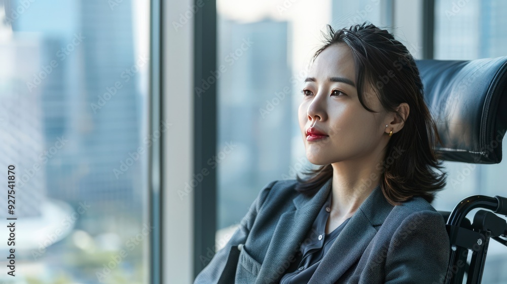 A young woman in a blazer and blouse sits in an office chair, looking out the window with a thoughtful expression. A young woman in a blazer and blouse sits in an office chair, looking out the window with a thoughtful expression.