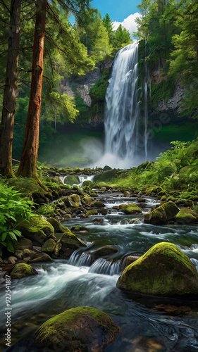 background view of a waterfall in the middle of a beautiful forest