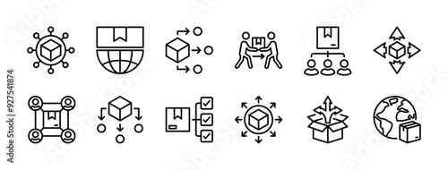 Package delivery distribution line icon set. Global shipping connection network business, shipment process management. Containing hierarchy, structure, mechanism, procedure. Vector illustration