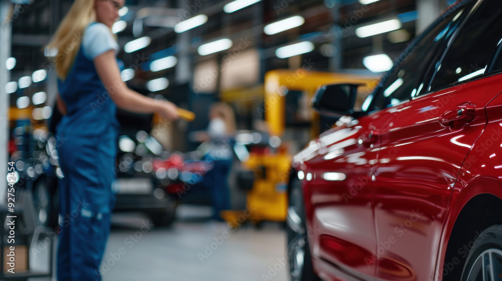 Female mechanic in overalls inspecting a red car on an automotive production line in a brightly lit factory. Female mechanic in overalls inspecting a red car on an automotive production line in a brightly lit factory.