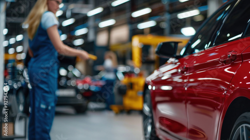 Female mechanic in overalls inspecting a red car on an automotive production line in a brightly lit factory.