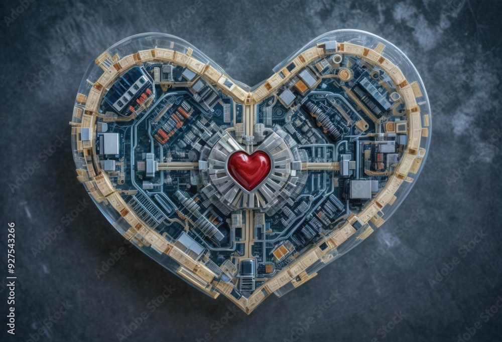 Obraz premium A heart-shaped structure made from intricate electronic components, symbolizing technology and emotion.