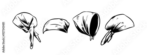 Set Hand drawn vintage engraving of headscarf, bandana. Isolated on white background. Vector illustration.