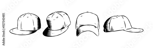 Set Hand drawn vintage engraving of baseball cap, trucker hat. Isolated on white background. Vector illustration.