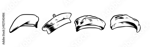 Set Hand drawn vintage engraving of beret hat, military hat, artist hat. Isolated on white background. Vector illustration.