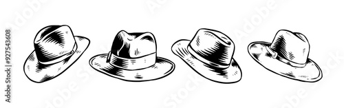 Set Hand drawn vintage engraving of fedora hat, panama. Isolated on white background. Vector illustration.