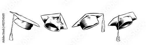 Set Hand drawn vintage engraving of graduation cap. Isolated on white background. Vector illustration.
