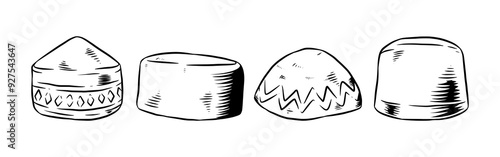 Set Hand drawn vintage engraving of muslim cap, skull cap, kopiah, songkok, peci. Isolated on white background. Vector illustration.