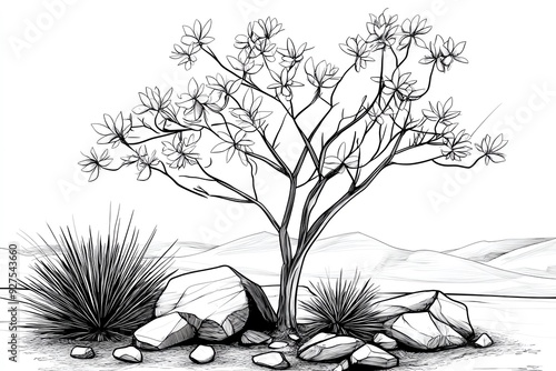 A hand-drawn sketch of a lone tree with rocks and desert plants in the foreground. photo