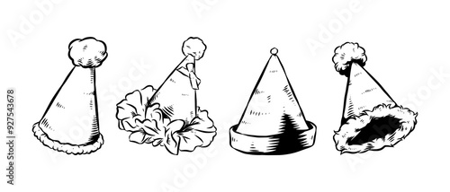 Set Hand drawn vintage engraving of party hat, birthday hat. Isolated on white background. Vector illustration.