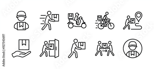 Package delivery courier thin line icon set. Parcel shipping or shipment service. Containing man, motorcycle, bicycle, tracking, receive packet, human give cardboard box. Vector illustration