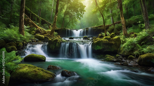 background view of a waterfall in the middle of a beautiful forest
