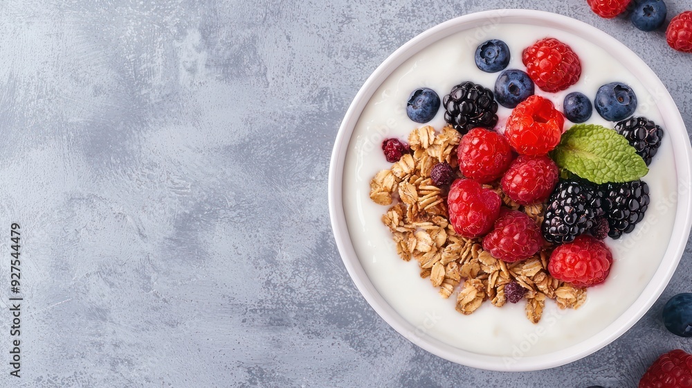 A low-fat yogurt bowl topped with granola, berries, and vitamin supplements, healthy snack, vitamins, low-fat, gut health. A low-fat yogurt bowl topped with granola, berries, and vitamin supplements, healthy snack, vitamins, low-fat, gut health.