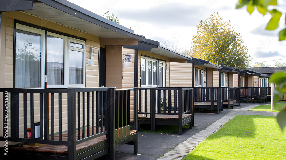 Exterior Perspective of Temporary Housing Complex Emphasizing Community and Support for Short-Term Residents Exterior Perspective of Temporary Housing Complex Emphasizing Community and Support for Short-Term Residents