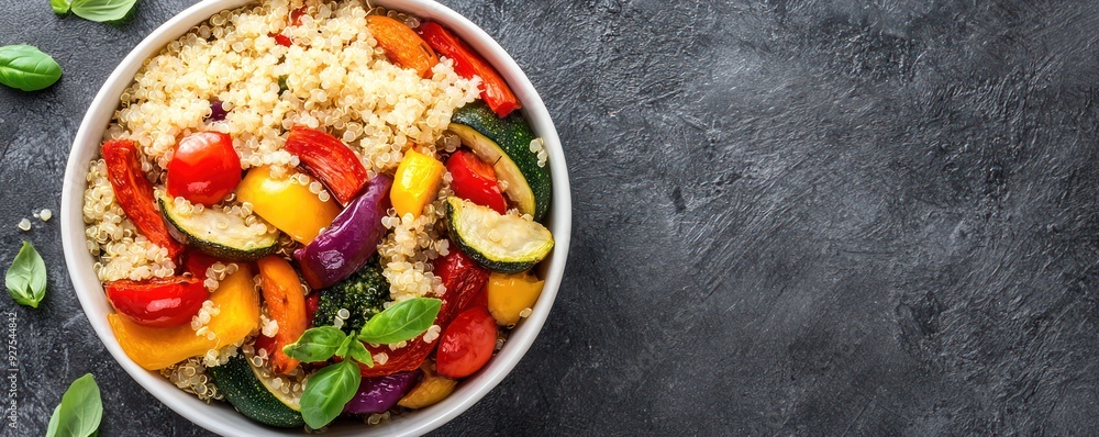A roasted vegetable medley served with a side of quinoa, healthy side, fiber, gluten-free, colorful and nutritious. A roasted vegetable medley served with a side of quinoa, healthy side, fiber, gluten-free, colorful and nutritious.
